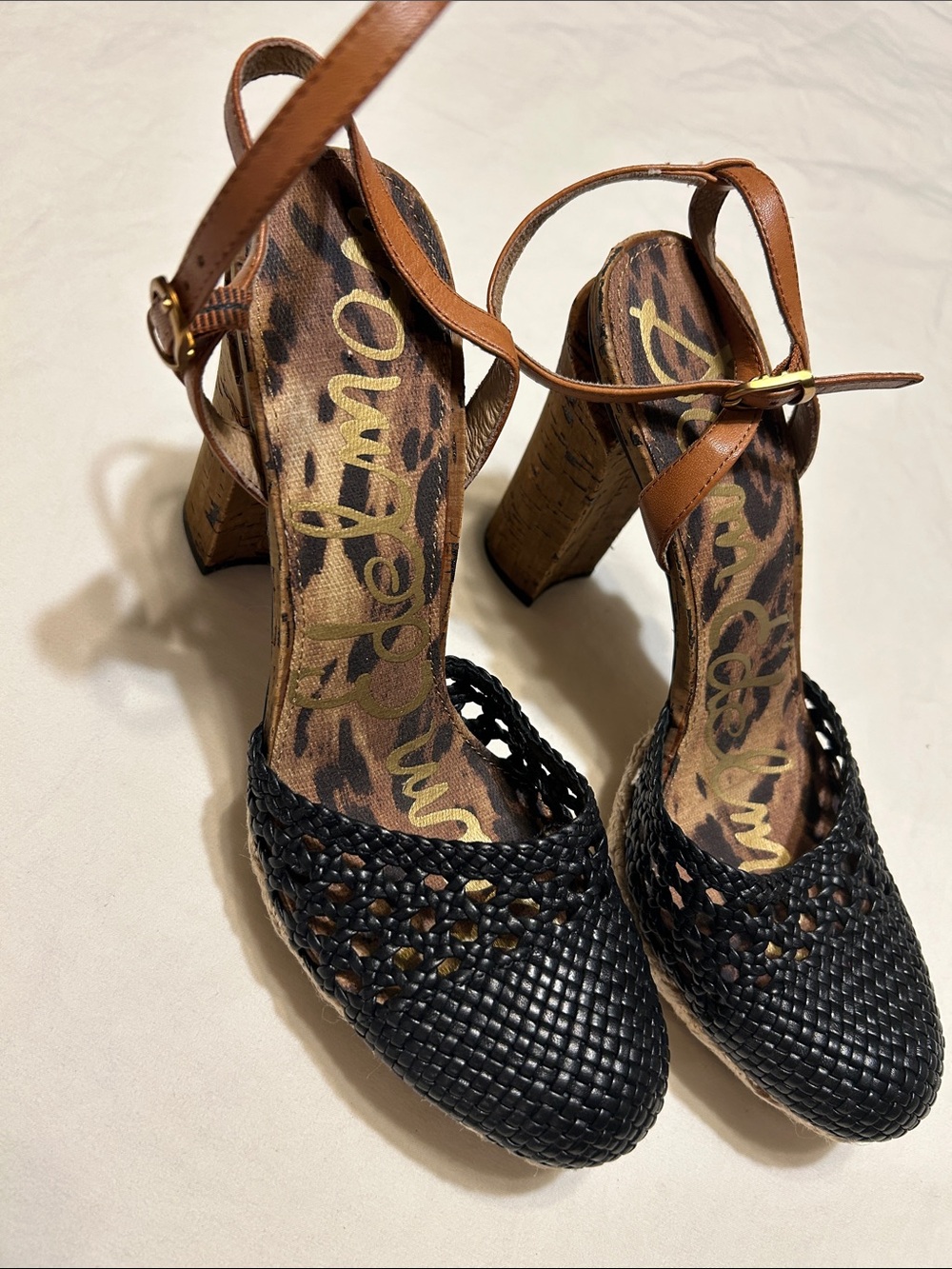 Sam Edelman Black Woven Slingback Heels with Brown Ankle Straps